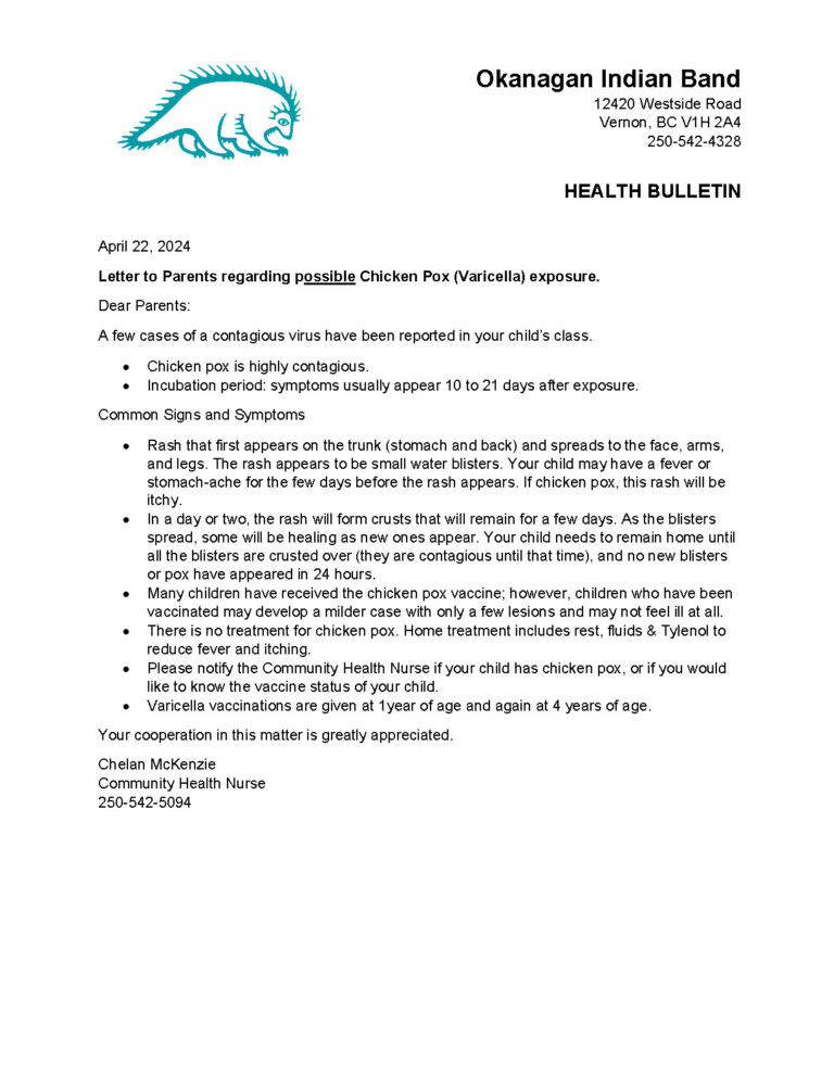 Letter to Parents Regarding possible Chicken Pox exposure - Okanagan ...