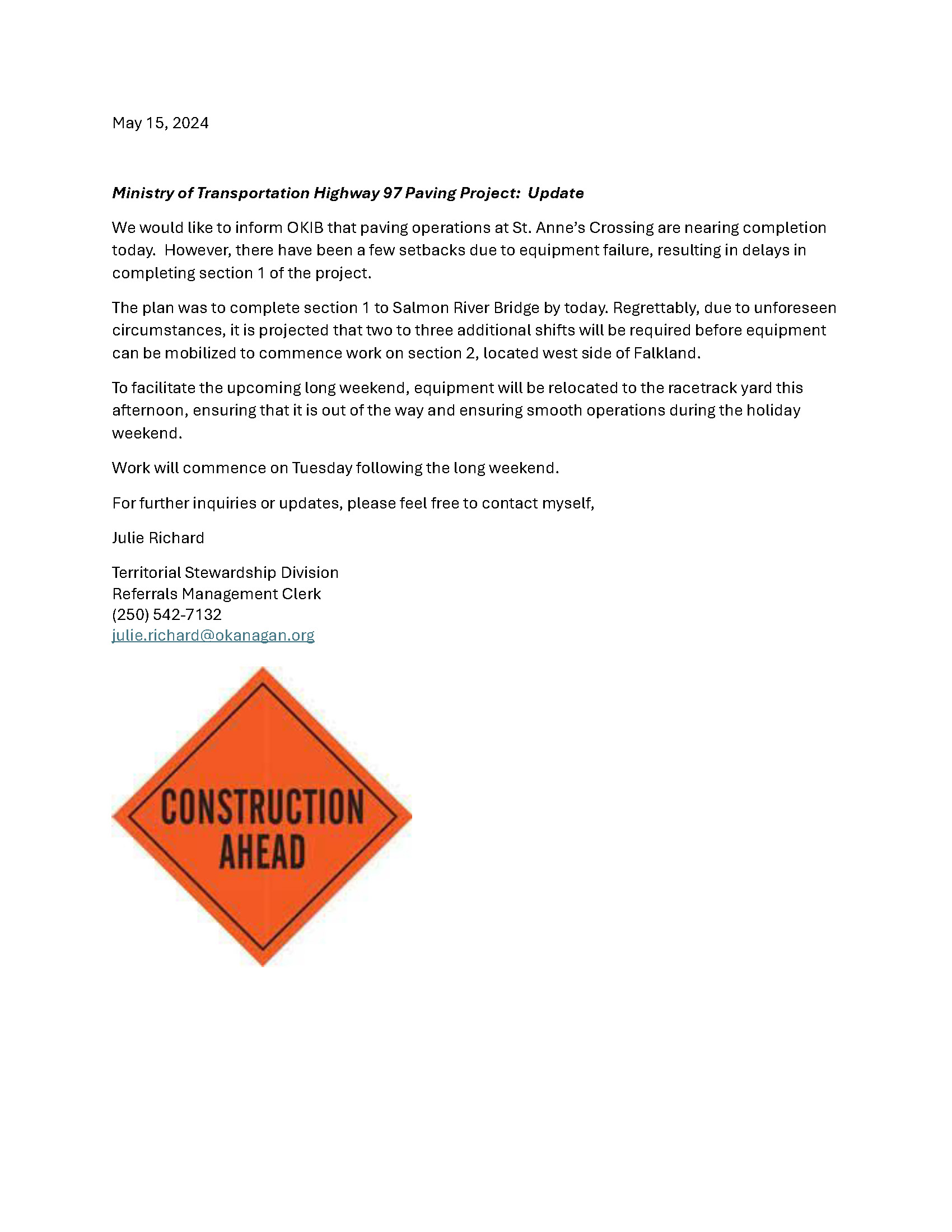 Ministry of Transportation Highway 97 Paving Project: Update