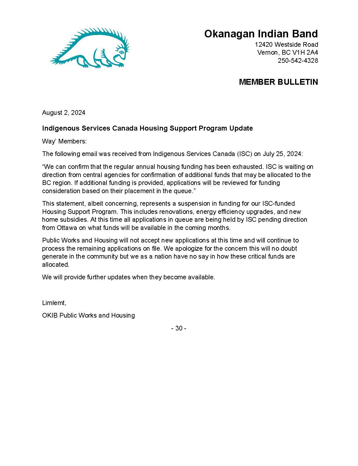 Indigenous Services Canada Housing Support Program Update